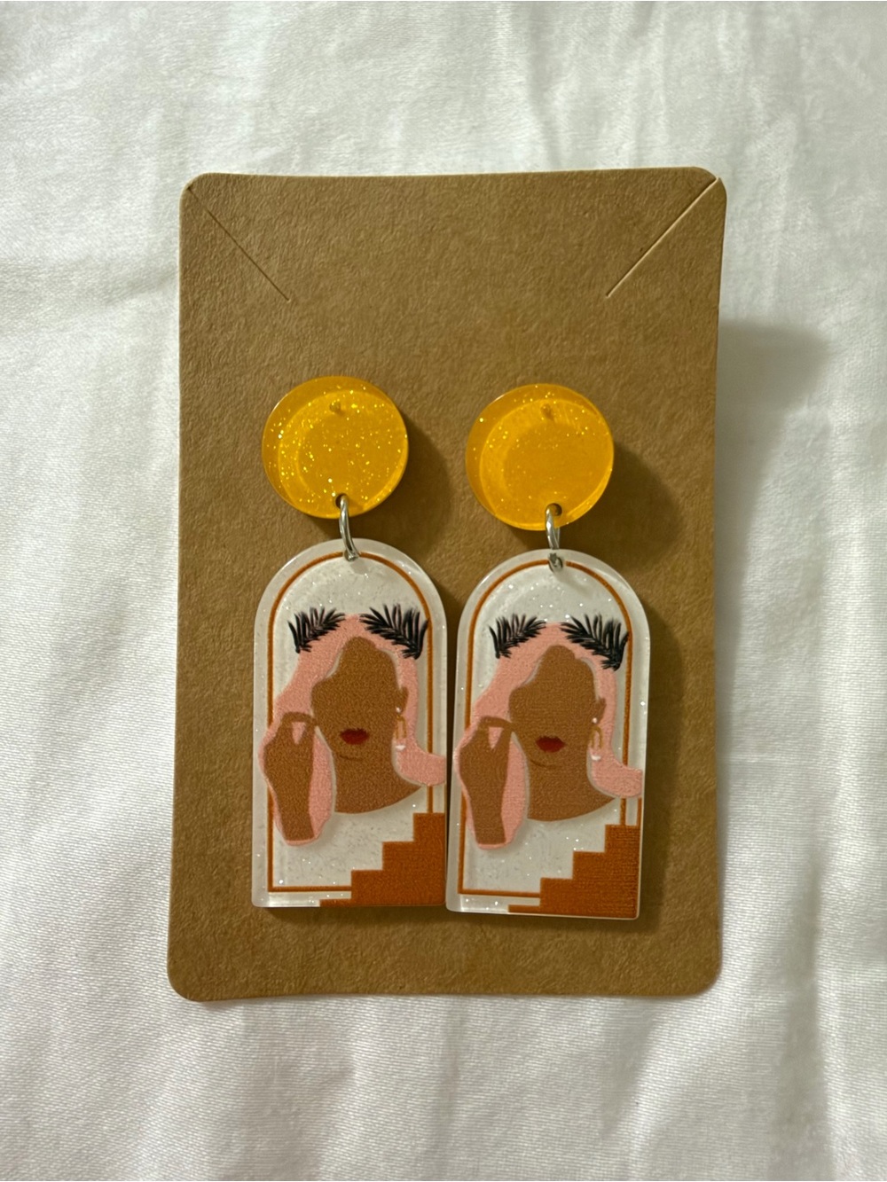 Yellow & Pink Women’s Statement Arch Resin Sparkly Earrings
